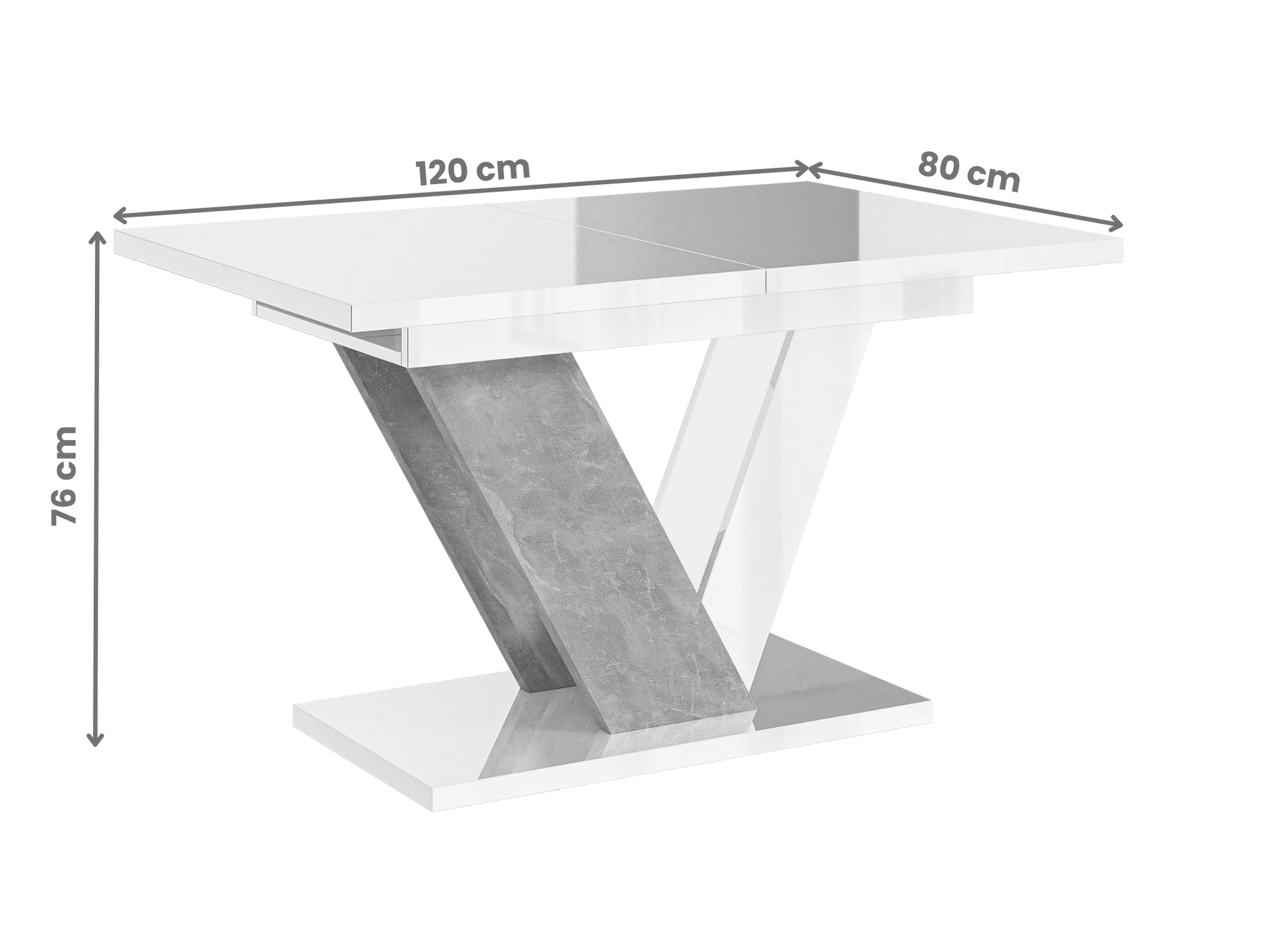 Luxury extendable dining table with white gloss finish and stone effect texture.