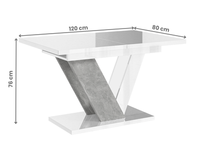 Luxury extendable dining table with white gloss finish and stone effect texture.