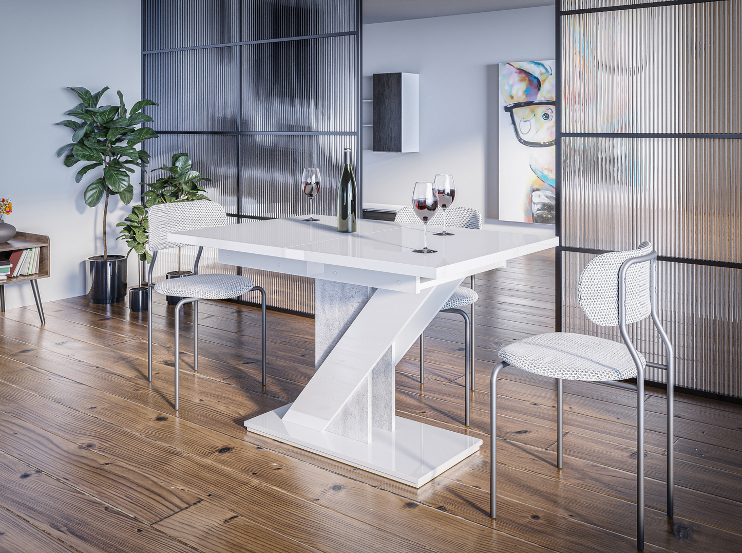 Stylish MAVEA dinner table with glossy white top and grey concrete detail.