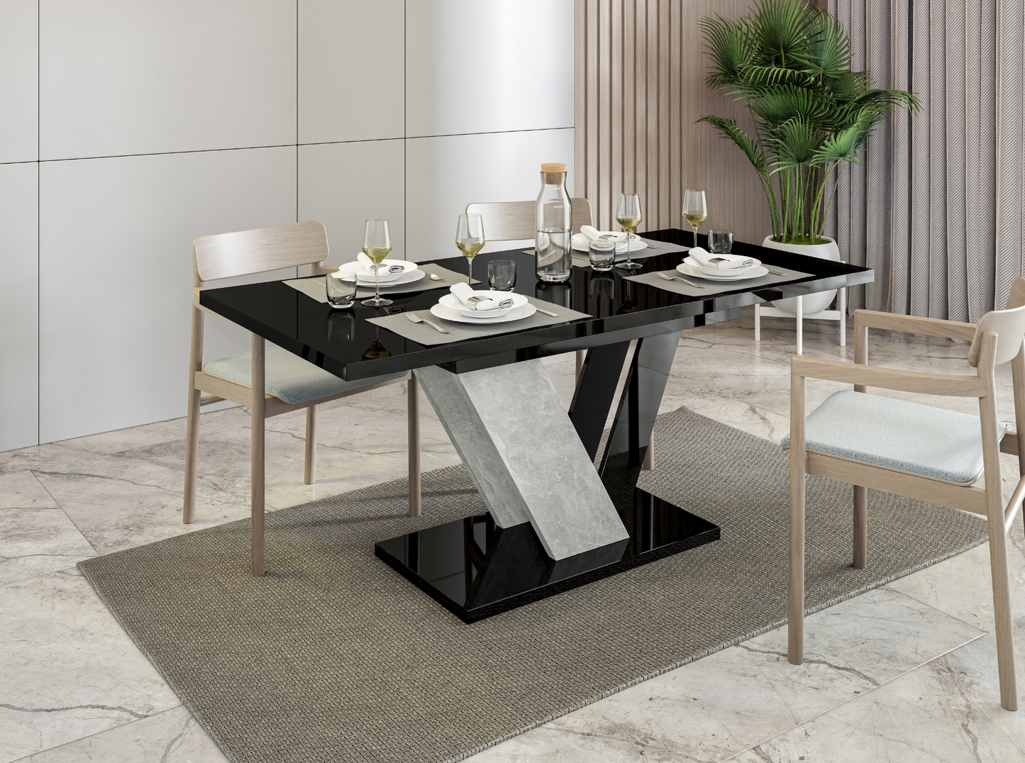 DUBAI 120–160 black gloss extending dining table 4–6 seater with stone effect base.