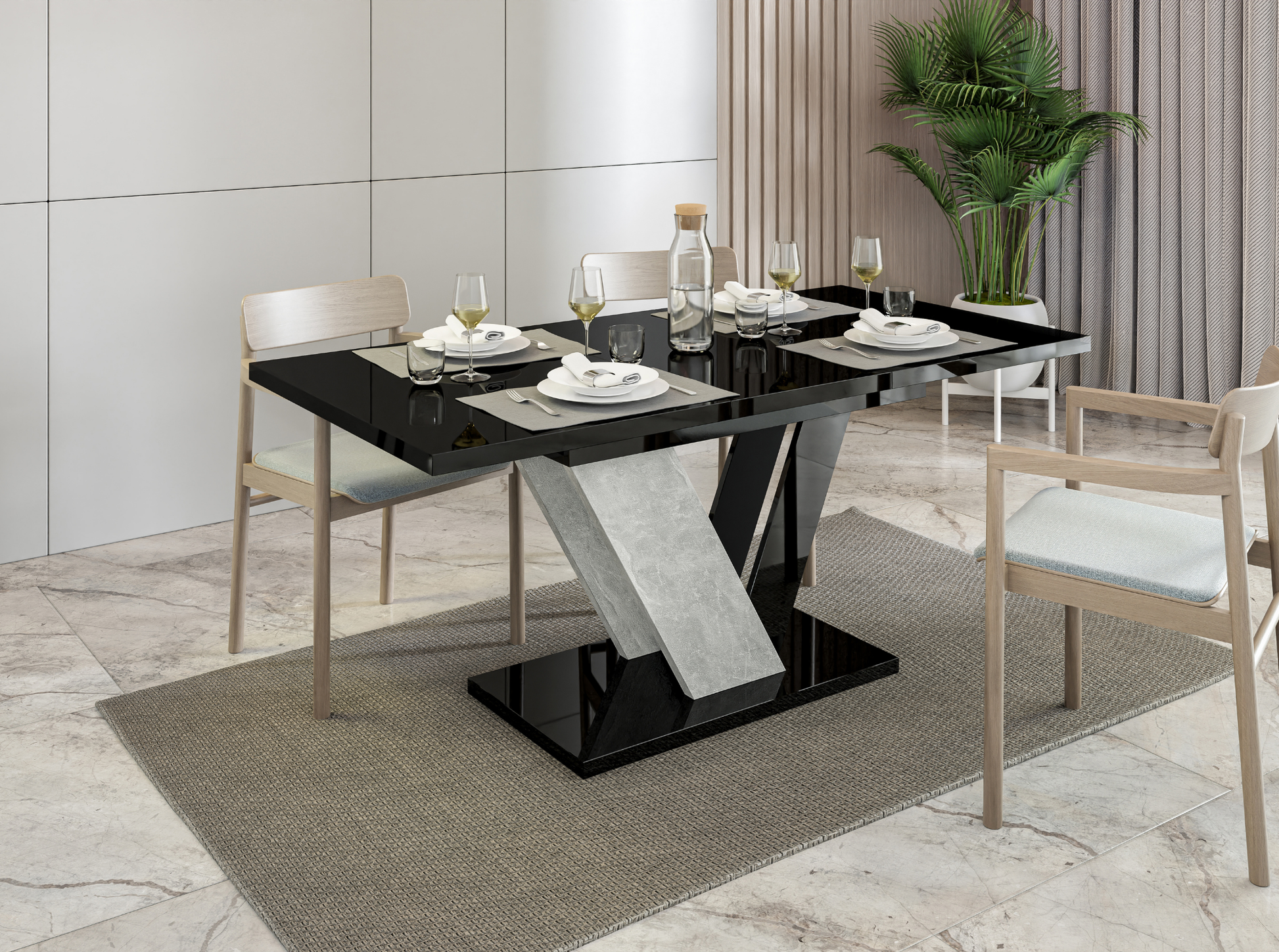 DUBAI 120–160 black gloss extending dining table 4–6 seater with stone effect base.