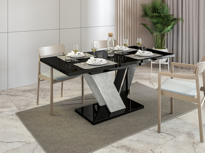 DUBAI 120–160 black gloss extending dining table 4–6 seater with stone effect base.