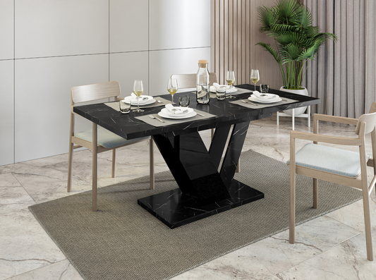 DUBAI 120–160 black royal marble extending dining table 4–6 seater with black gloss base.