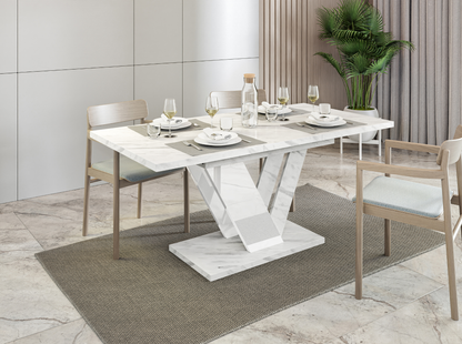 DUBAI 120–160 white bianco marble extending dining table 4-6 seater with elegant base.