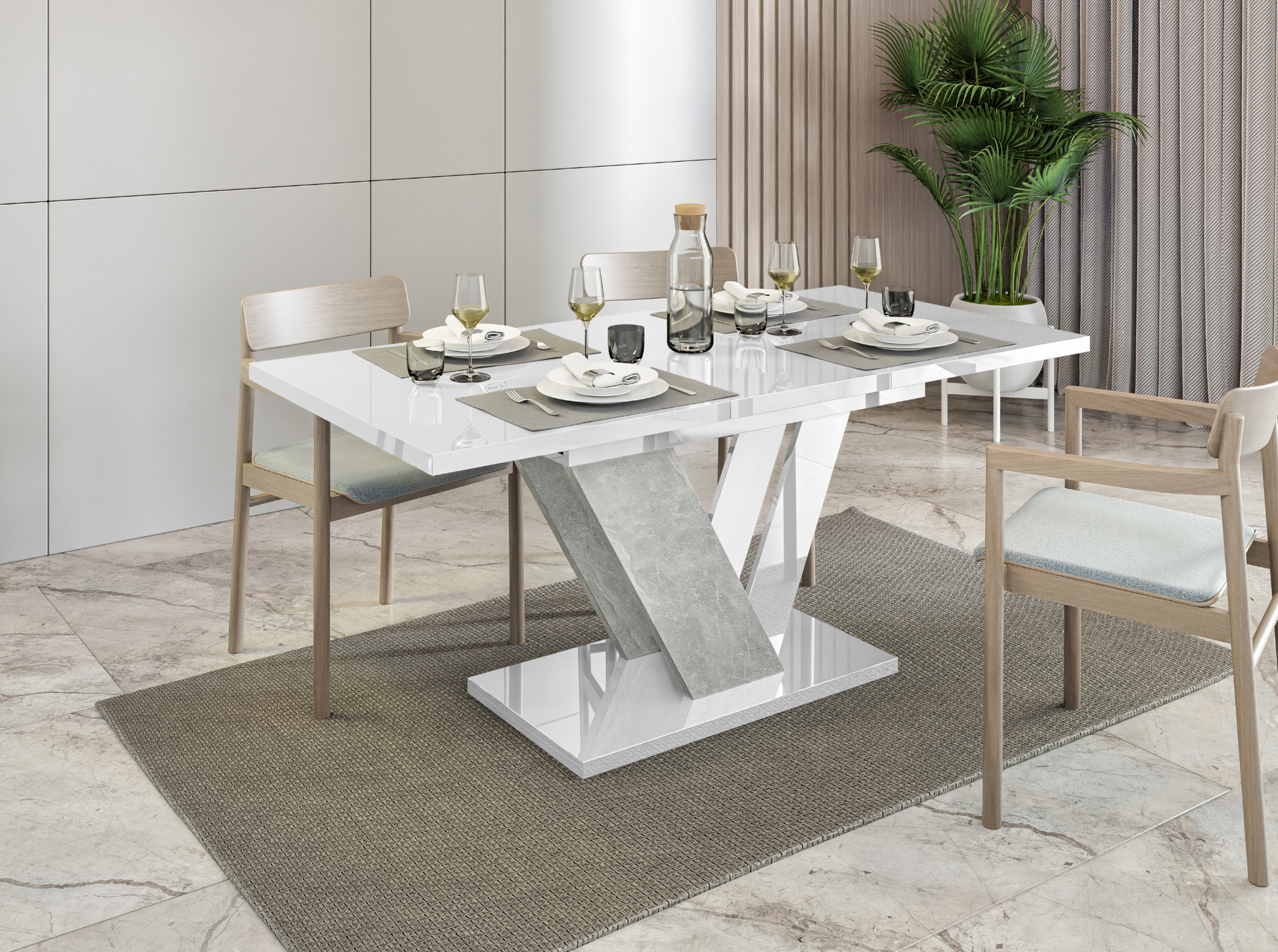 DUBAI 120–160 white gloss extending dining table 4–6 seater with stone effect base.