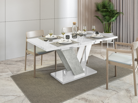 DUBAI 120–160 white gloss extending dining table 4–6 seater with stone effect base.