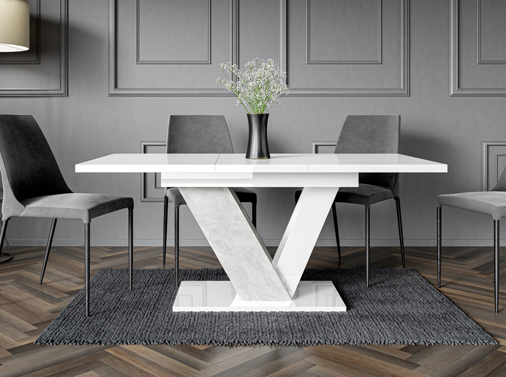 Extendable DUBAI dinner table 120–160 cm with white gloss and stone finish.