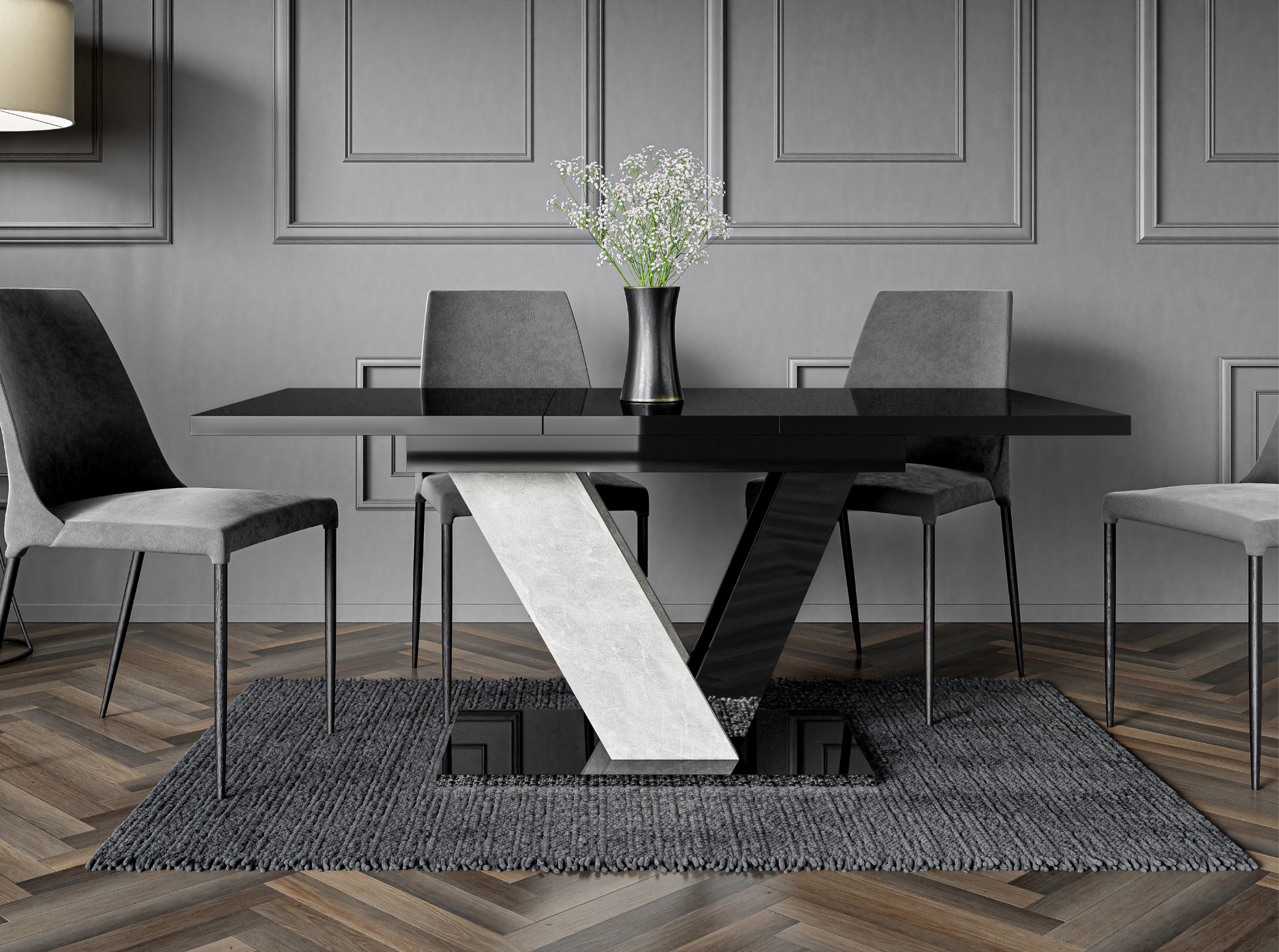 Dining room with a black dining table and chairs in a modern interior setting.