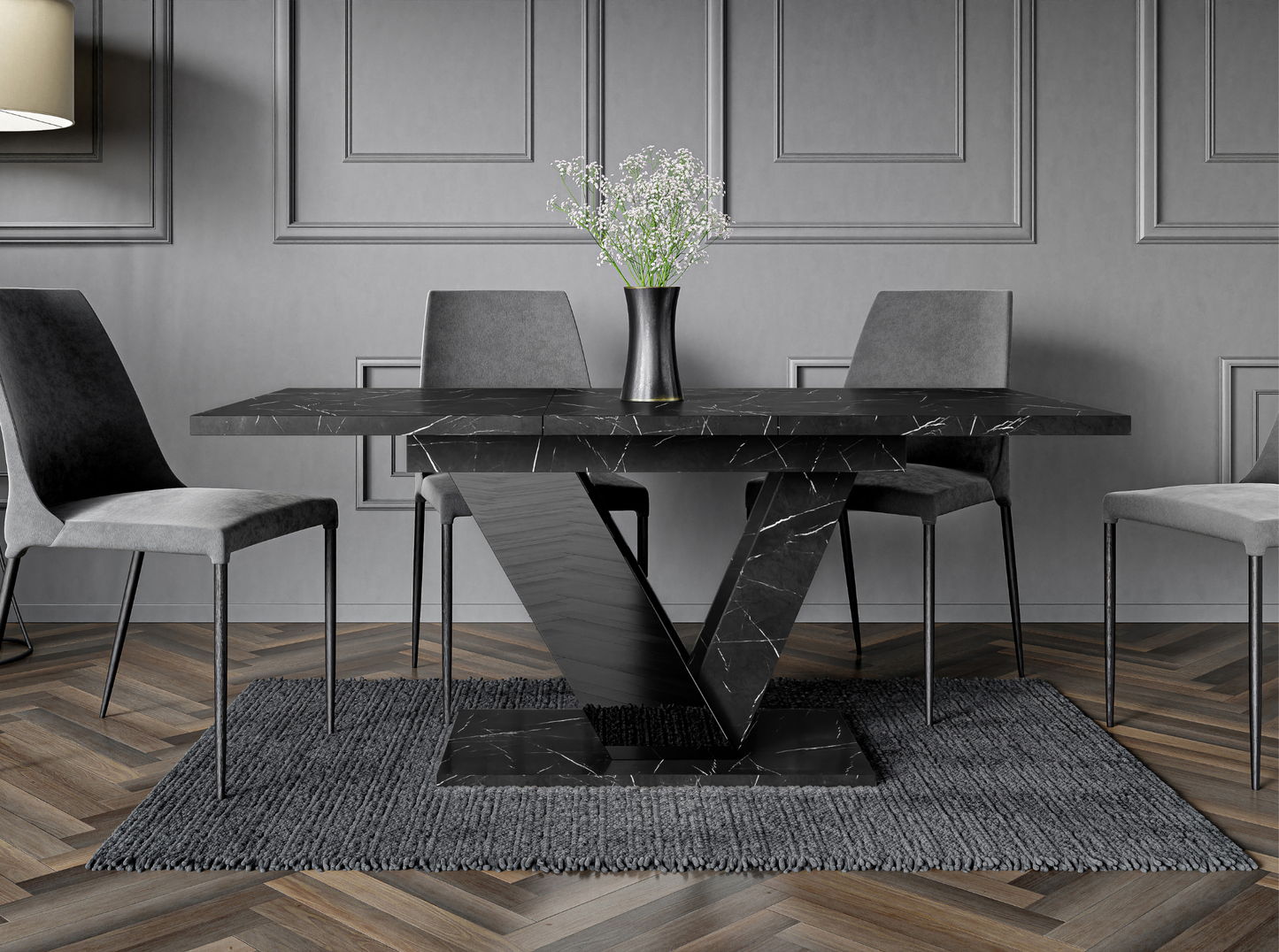Modern extendable dining table in black marble effect with black gloss base – DUBAI.