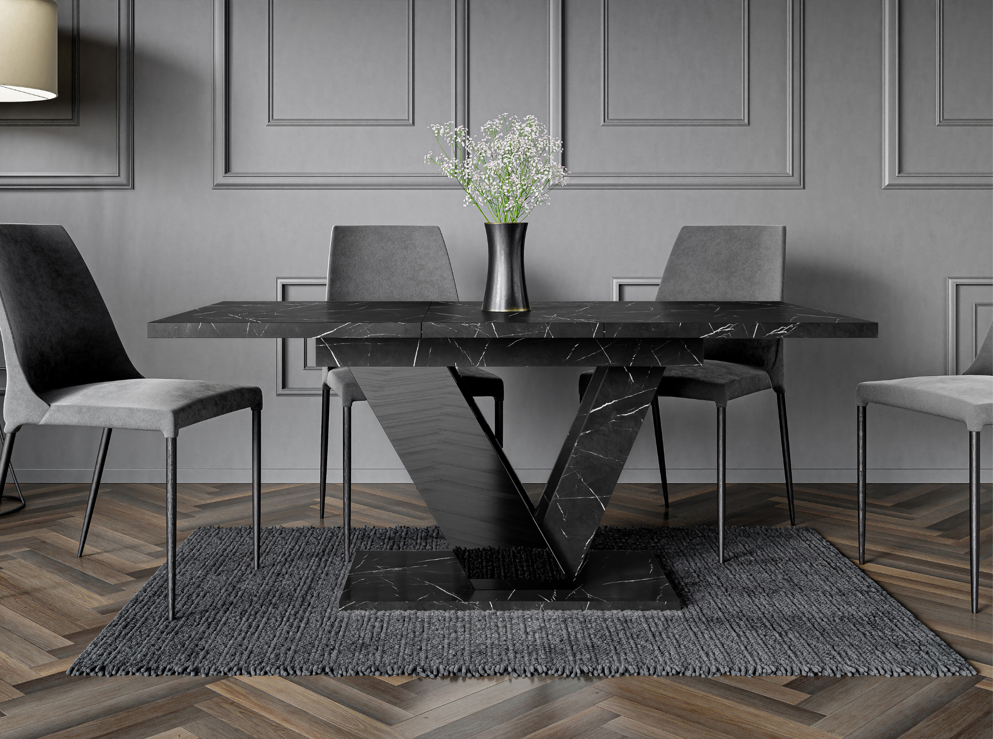Modern extendable dining table in black marble effect with black gloss base – DUBAI.