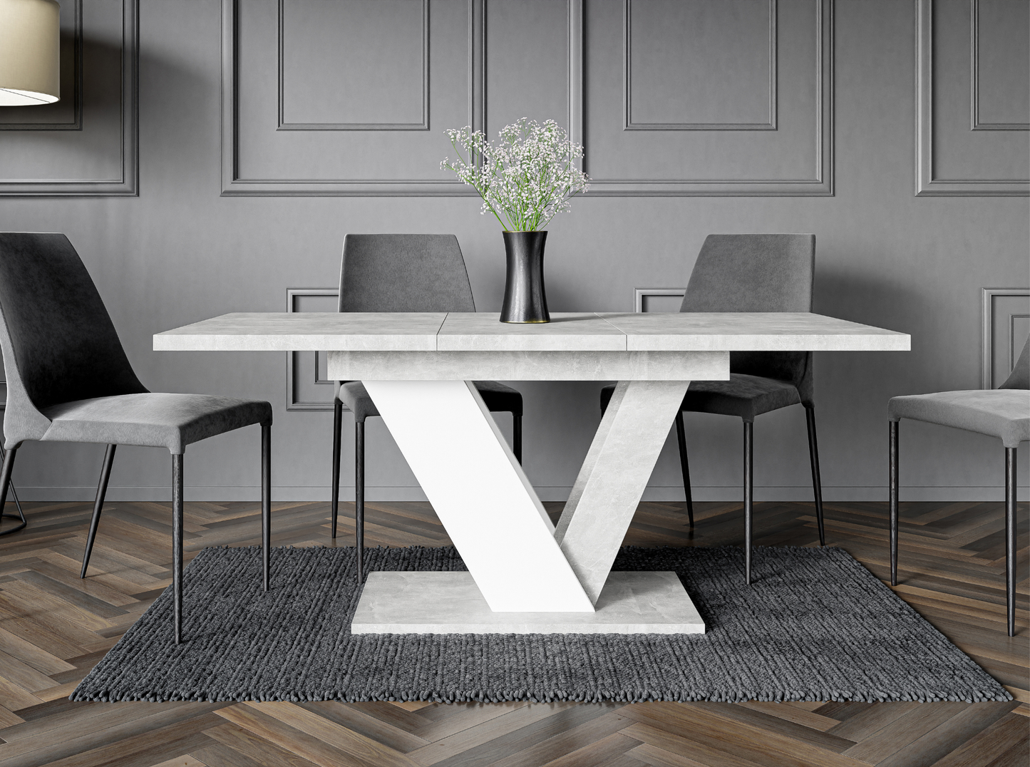 Dining room with a modern table and chairs in a gray interior setting