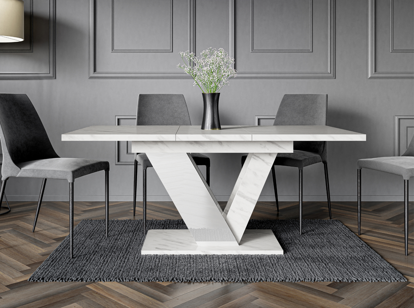 Extendable dinner table DUBAI 120–160 cm with marble effect top.