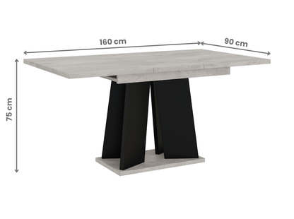 Concrete-effect extendable dining table with black V-base – sleek design for contemporary homes.