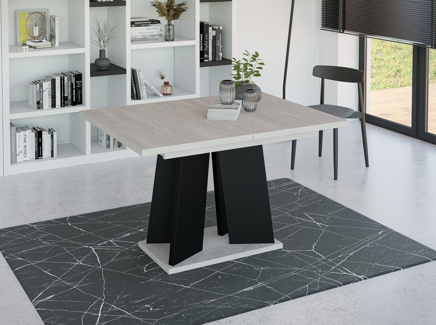160 cm extendable dining table in concrete effect grey with bold black legs for a modern interior.