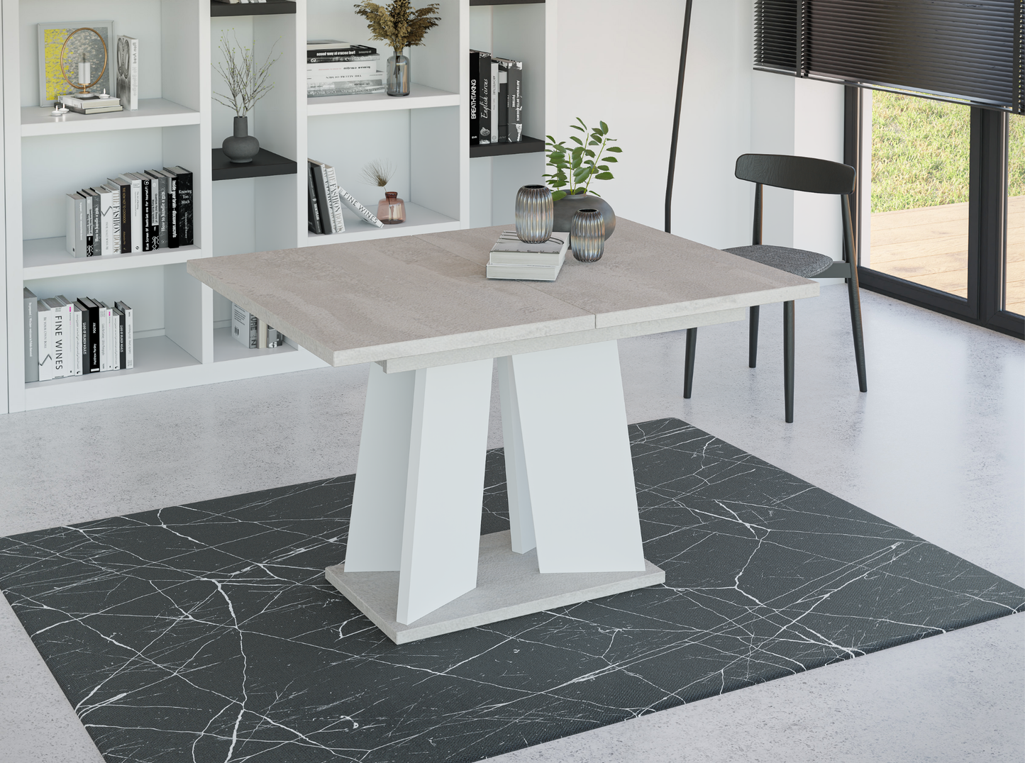 Compact 120 cm extendable dining table in grey concrete finish with bright white V-shaped base.