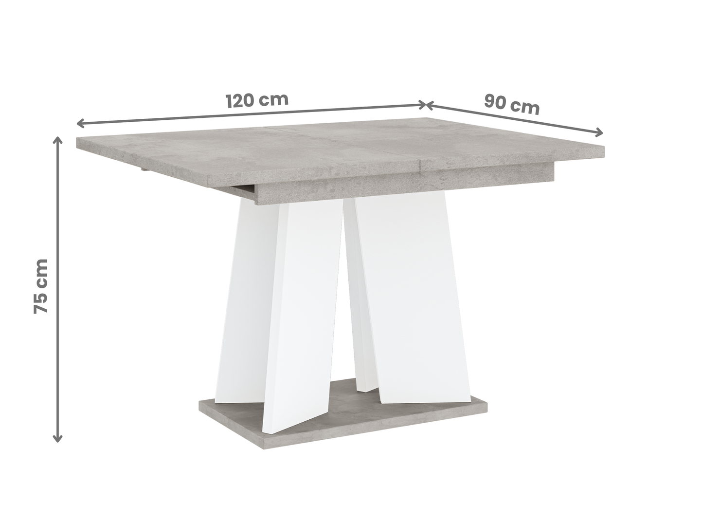 Industrial-style extendable dining table 120 cm – grey stone-look top with white base.