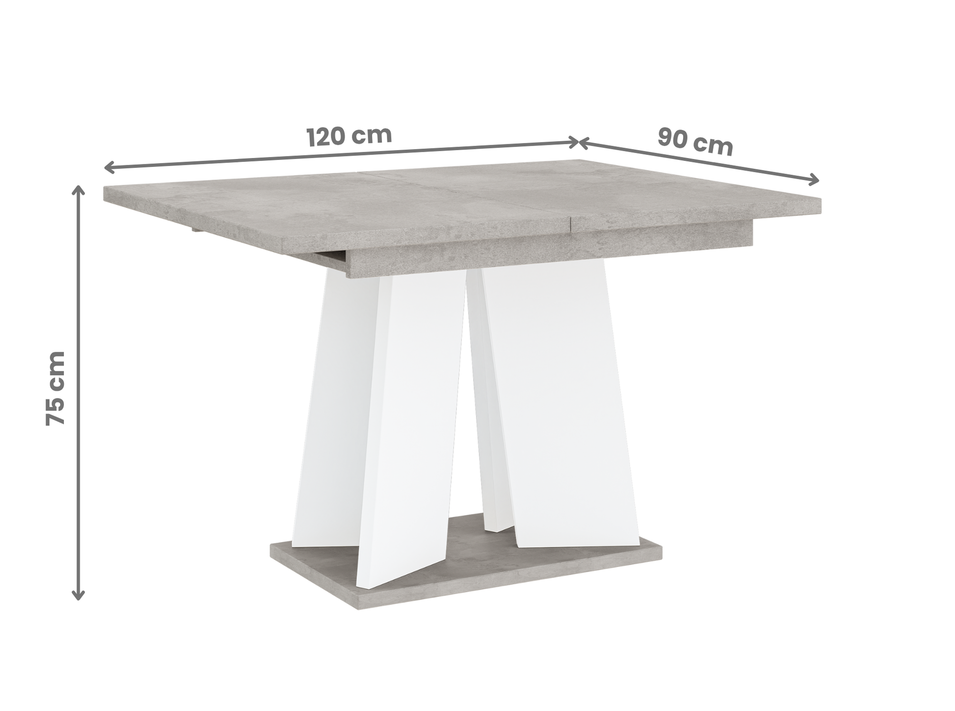 Industrial-style extendable dining table 120 cm – grey stone-look top with white base.