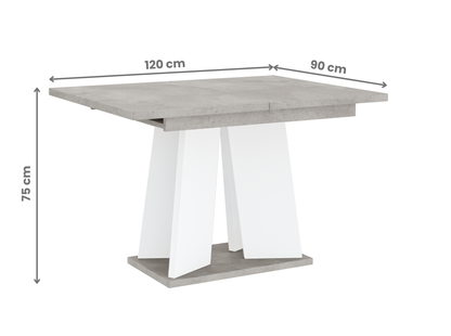Industrial-style extendable dining table 120 cm – grey stone-look top with white base.