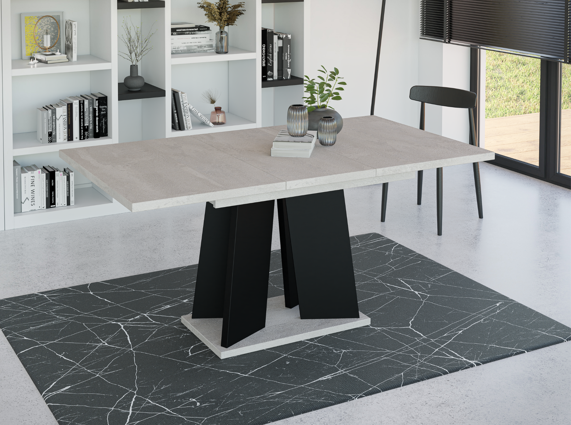Compact extendable dining table 120 cm with industrial concrete-effect finish and matte black frame.