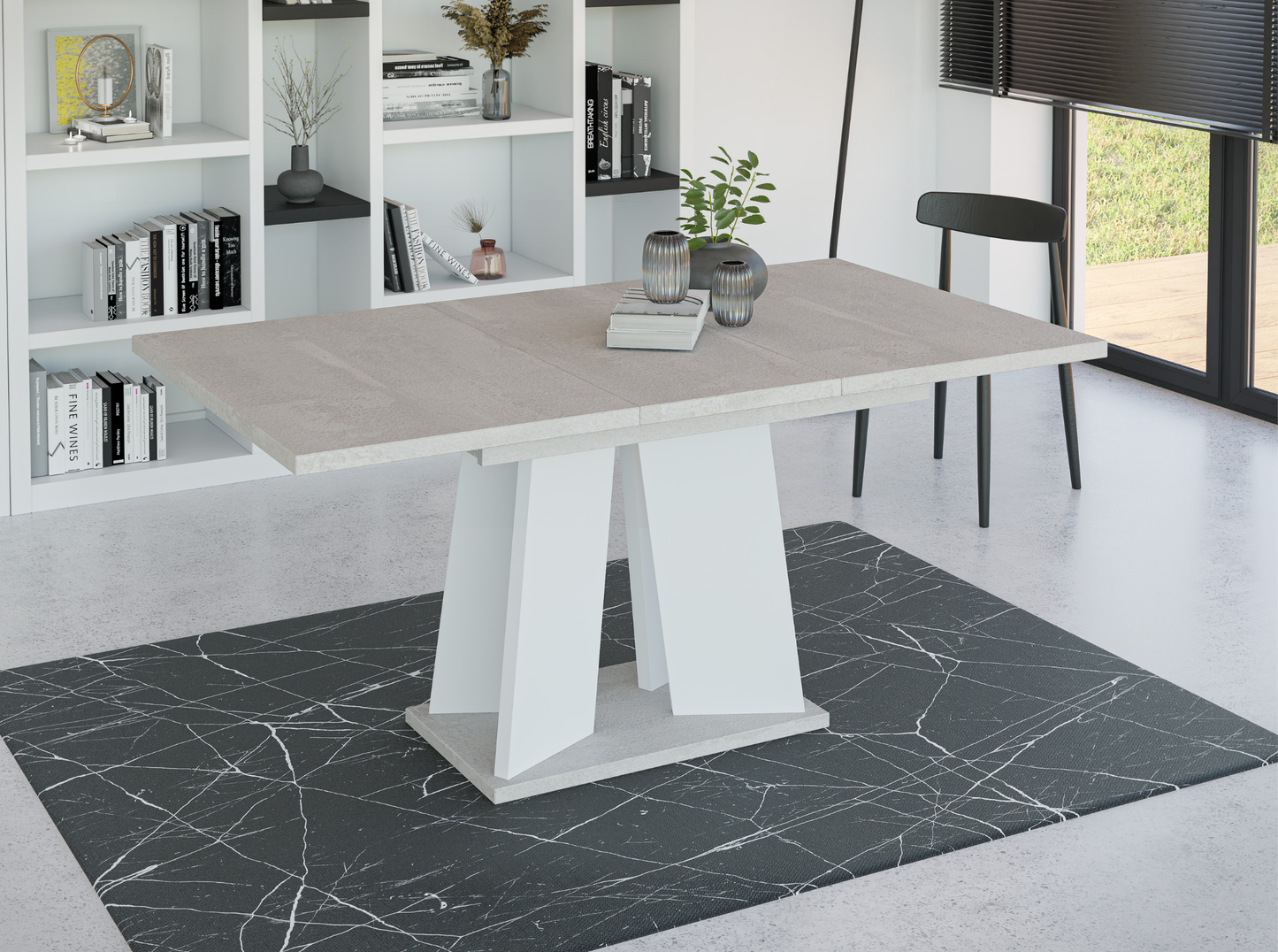 Extendable dining table 160 cm in white and grey – minimalist design with industrial touch.