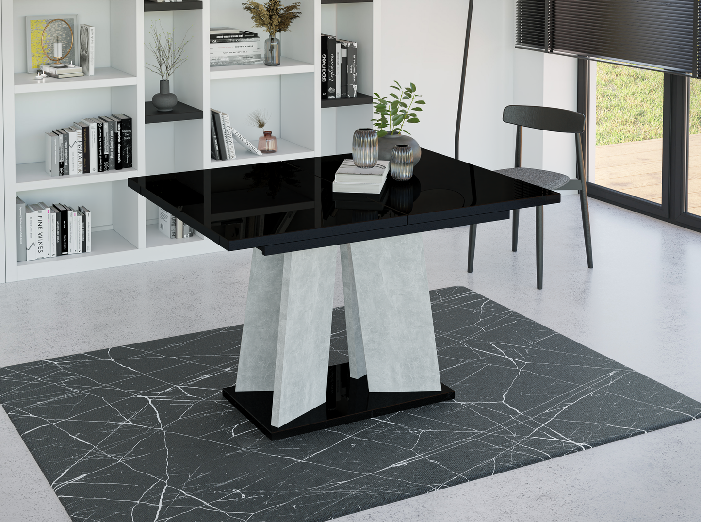 Extendable rectangular dining table in sleek black gloss – perfect for modern kitchen interiors.
