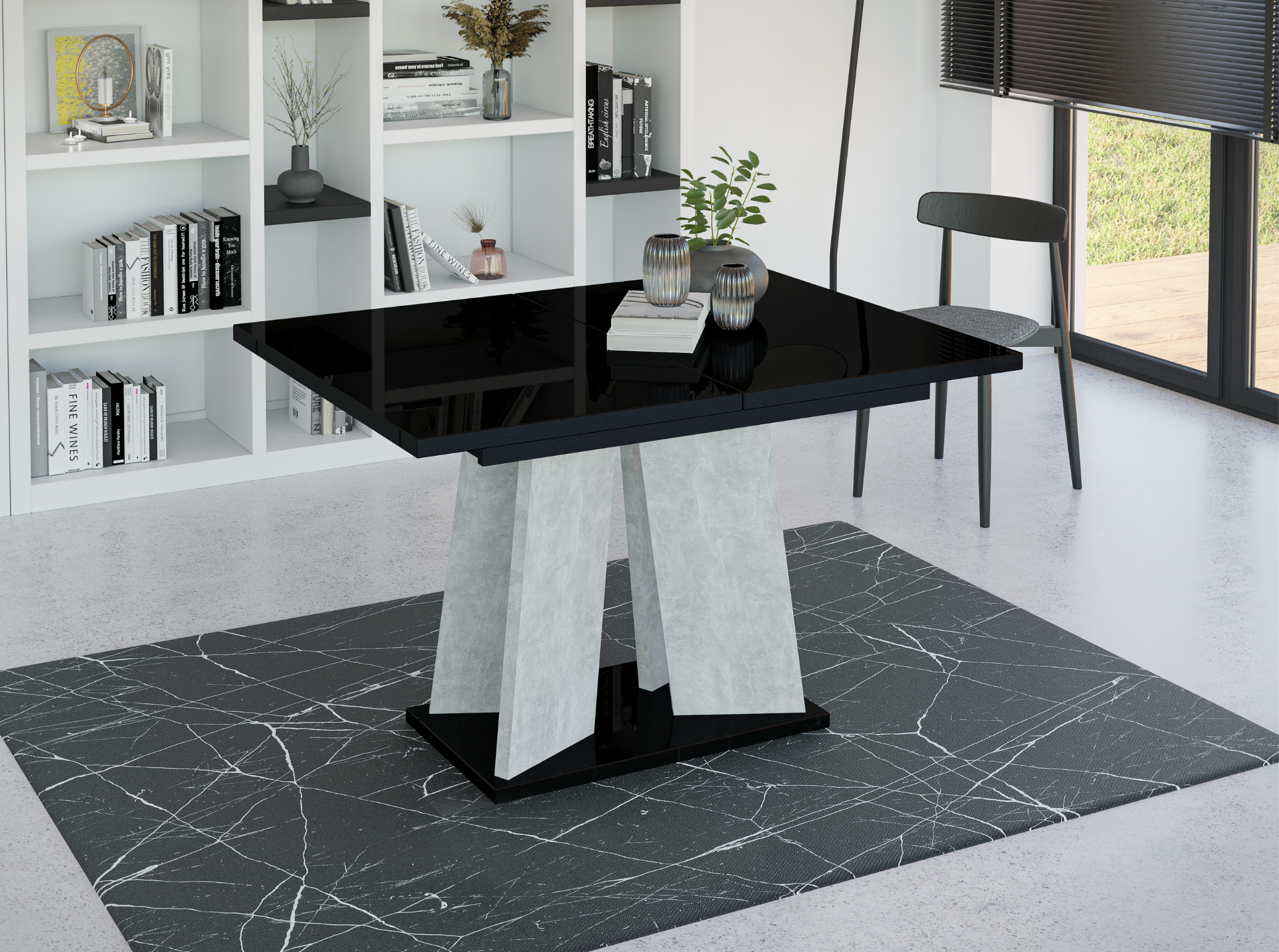 Extendable rectangular dining table in sleek black gloss – perfect for modern kitchen interiors.