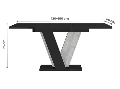 Black dining table with dimensions on a white background