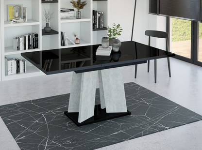 Contemporary black gloss table with extendable top, designed for six-seater dining spaces.