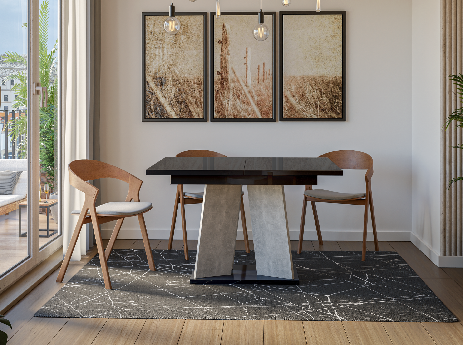 Extendable dining table 160 cm black gloss – luxury finish with stone-effect pedestal support.