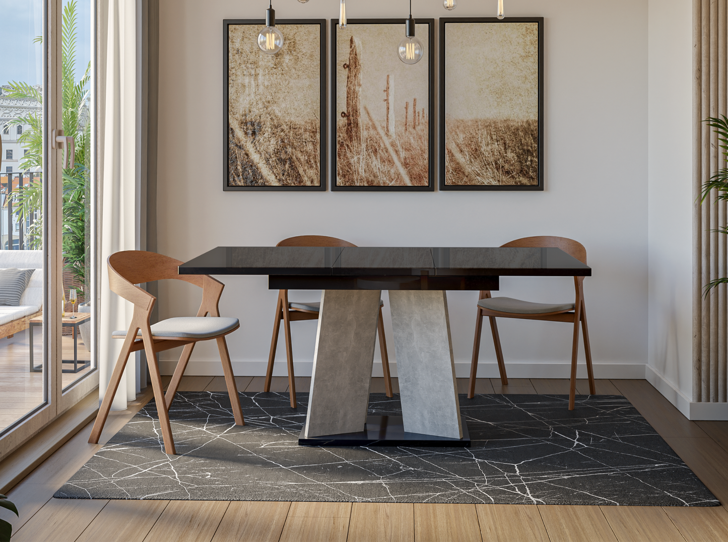 Modern extendable dining table in high-gloss black with minimalist lines and stable structure.