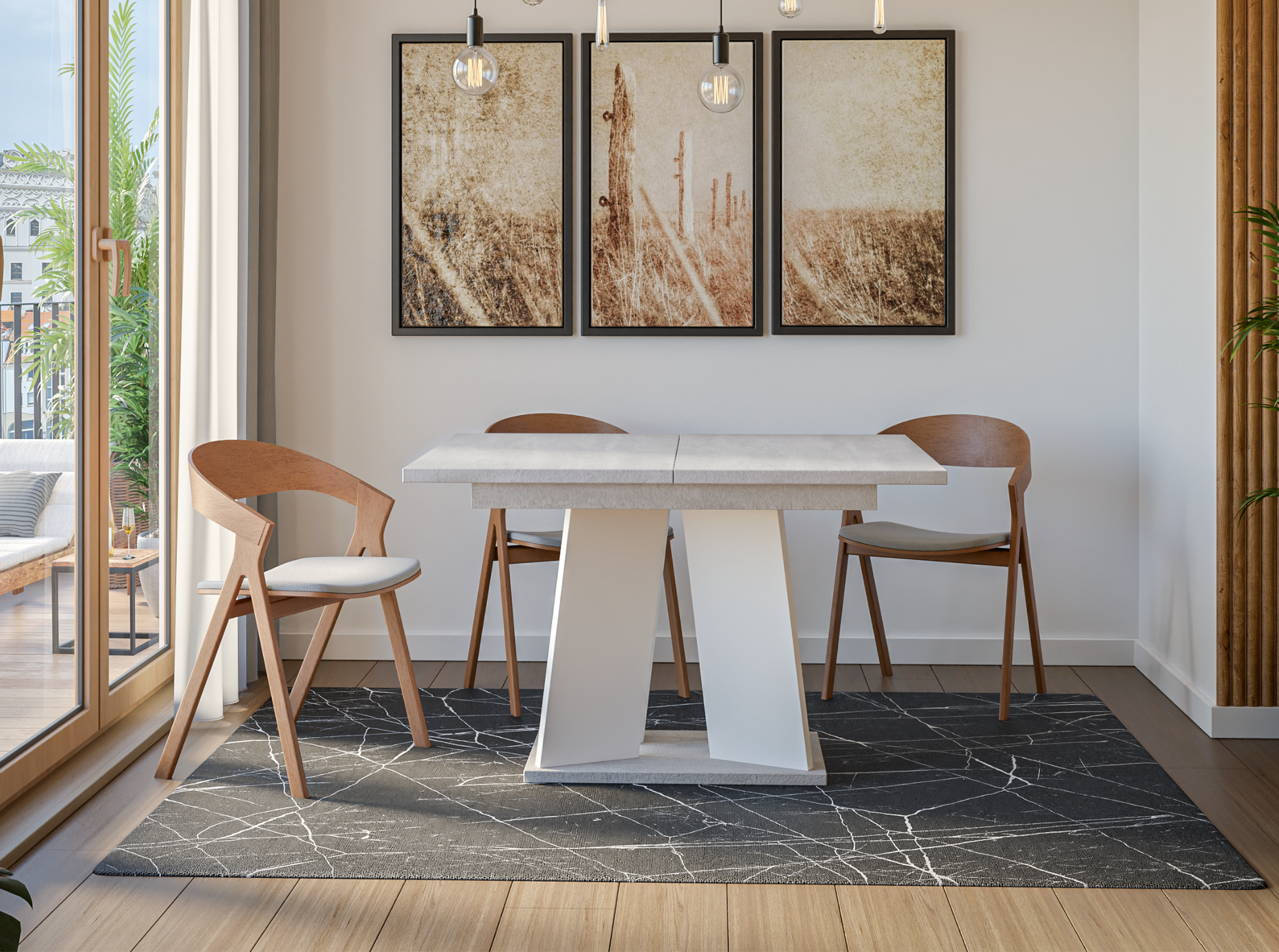 Luxury extendable dining table 120 cm with concrete-look top and smooth white pedestal.