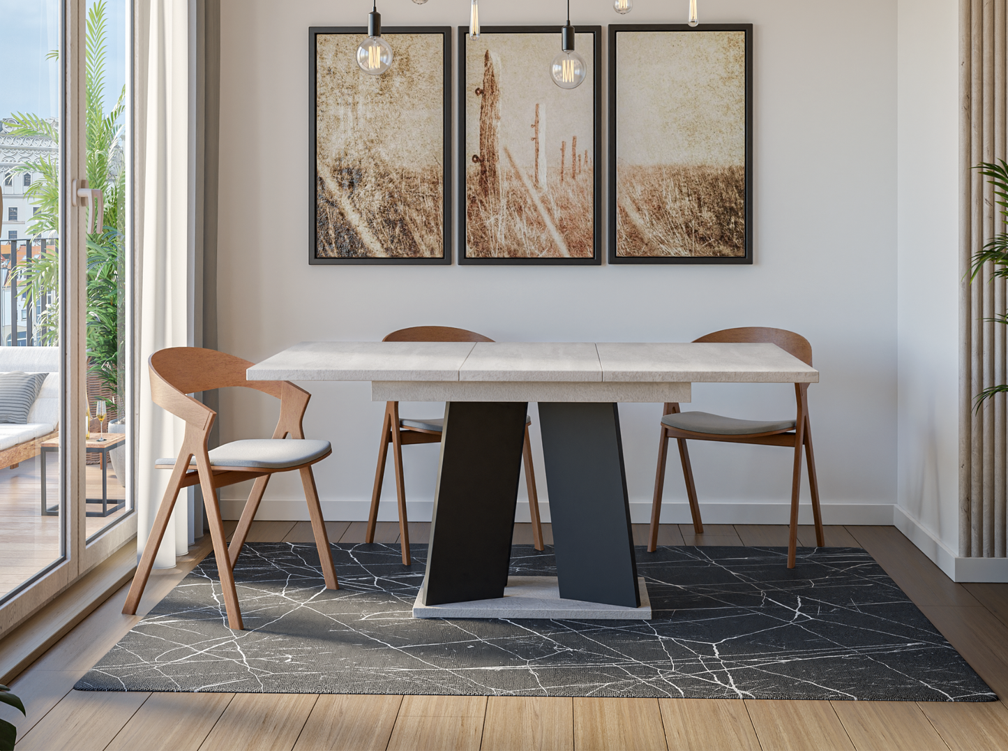 Extendable dining table in black and concrete finish – contemporary furniture for family dining.