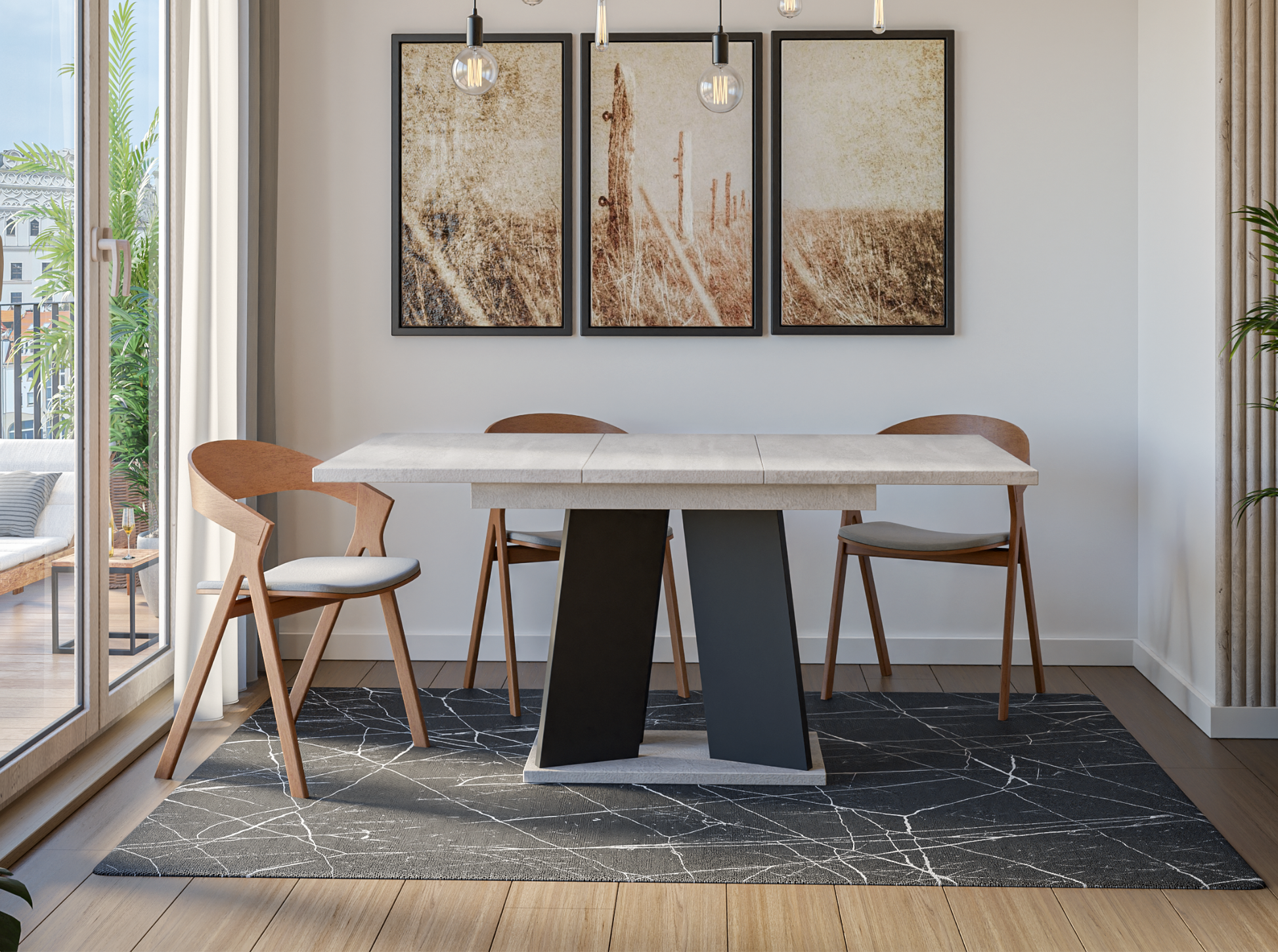 Extendable dining table in black and concrete finish – contemporary furniture for family dining.