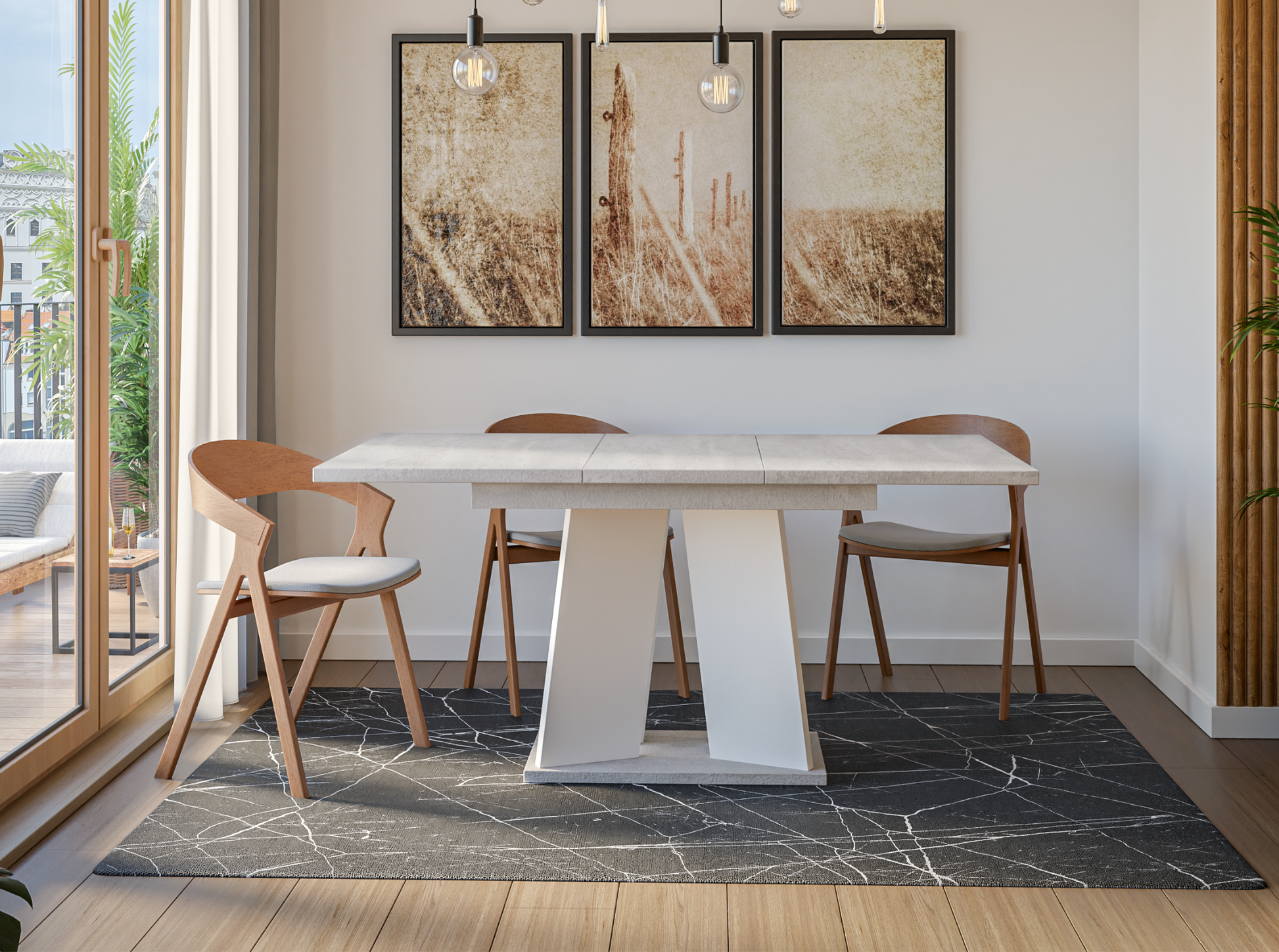 Extendable dining table 160 cm in concrete effect and white gloss – perfect for modern homes.