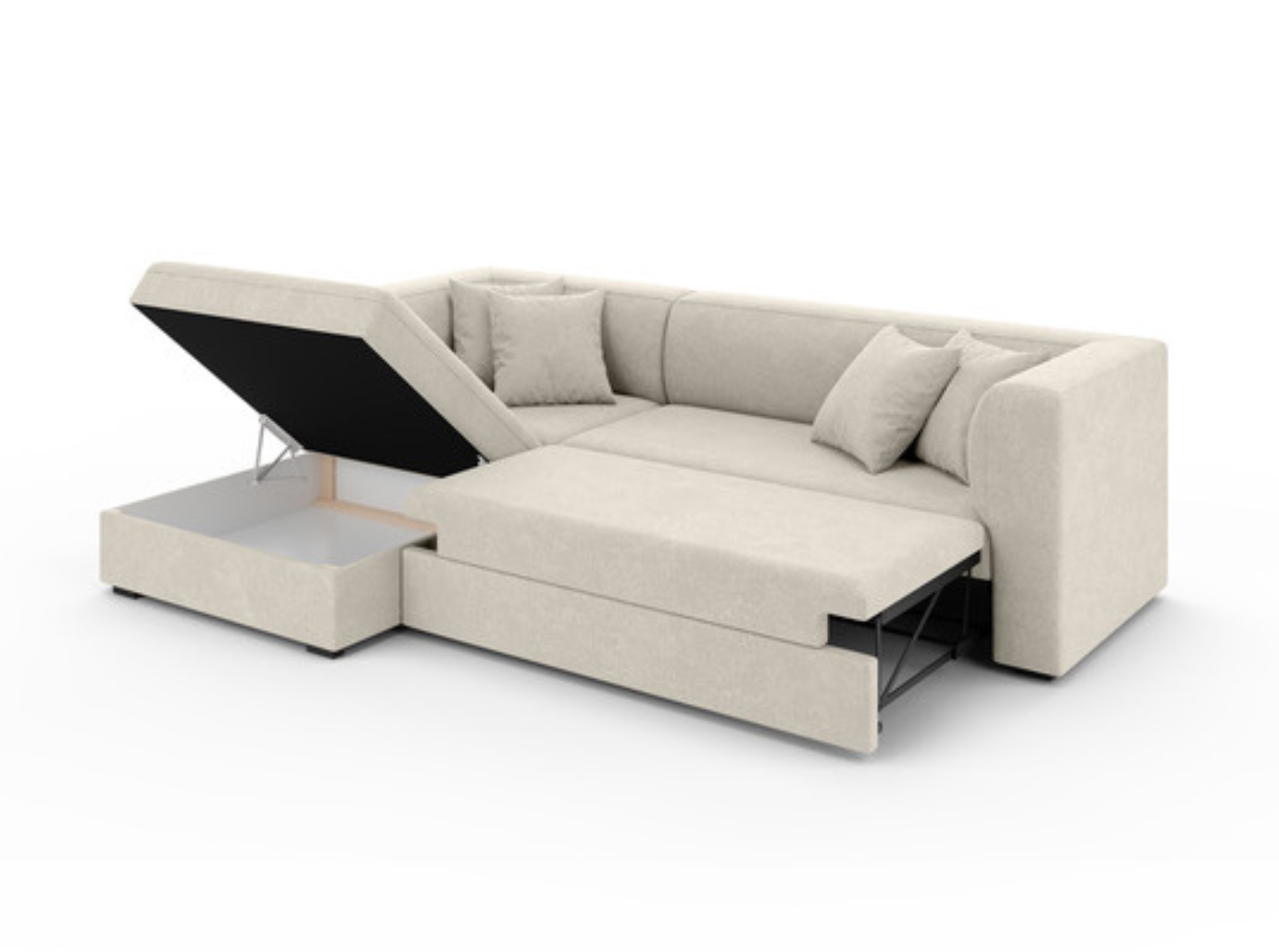 lifted seat showing built-in storage inside beige sofa bed, perfect for tidy living spaces