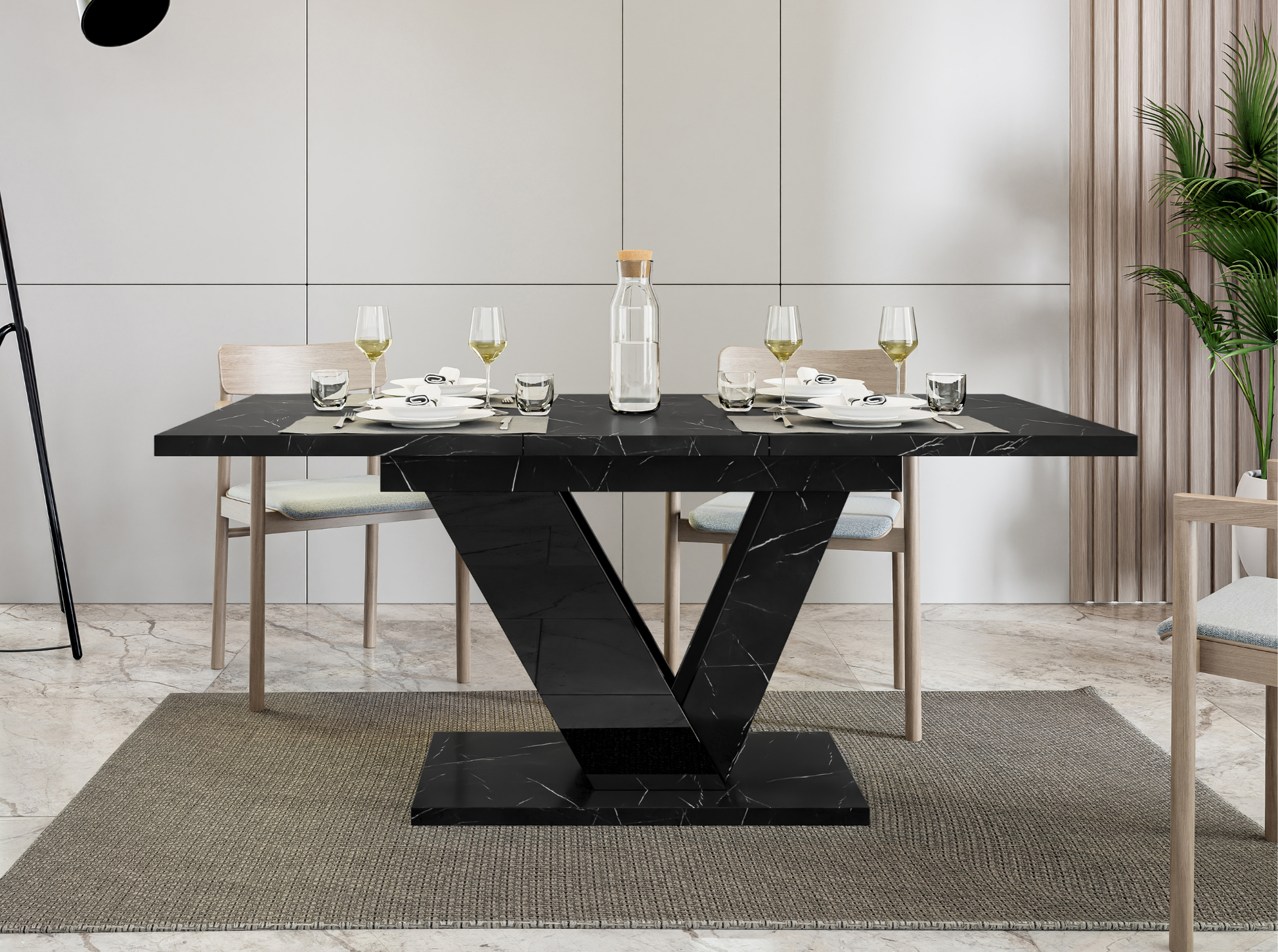 Luxury extendable dining table DUBAI with black marble top and glossy black stand.