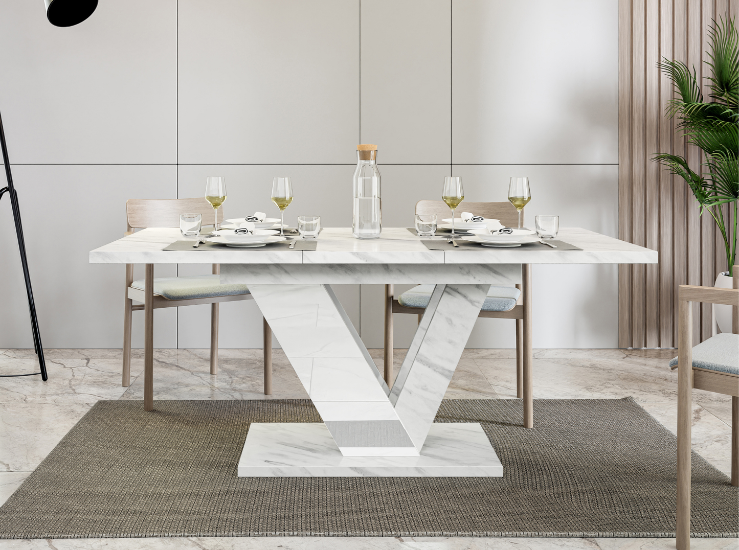 Modern extendable dining table DUBAI with white marble effect surface.