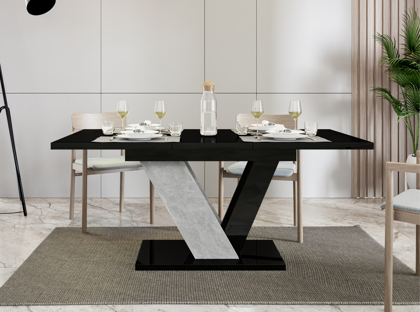 Modern extendable dining table DUBAI in black gloss and stone look design.
