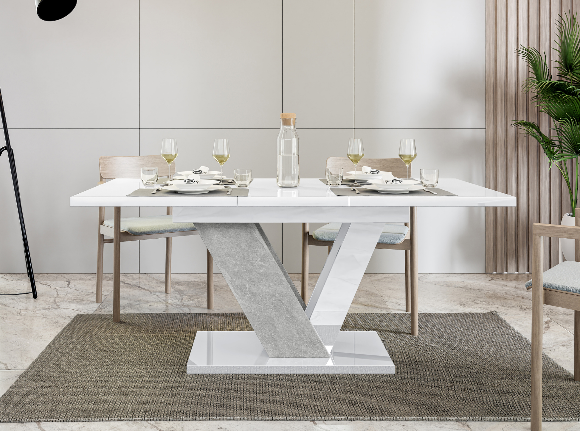 Elegant extendable dining table DUBAI in white gloss with natural stone look detail.