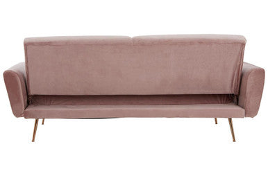 Back view of ROSEVELA pink sofa bed showing smooth velvet upholstery and sturdy gold frame.