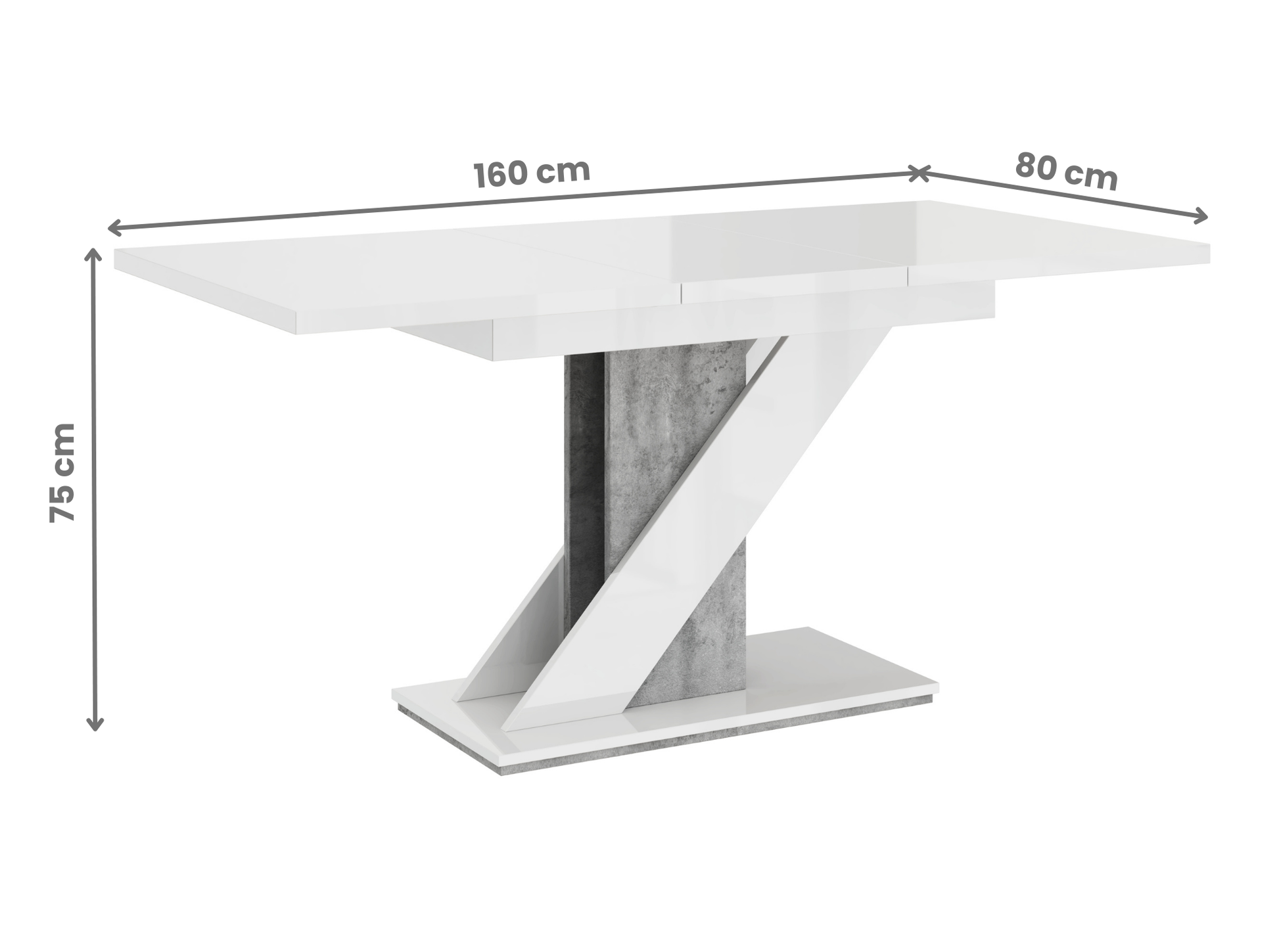 Contemporary dining room table MAVEA with white gloss finish and concrete base.