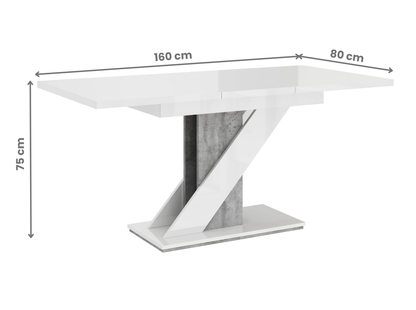 Contemporary dining room table MAVEA with white gloss finish and concrete base.