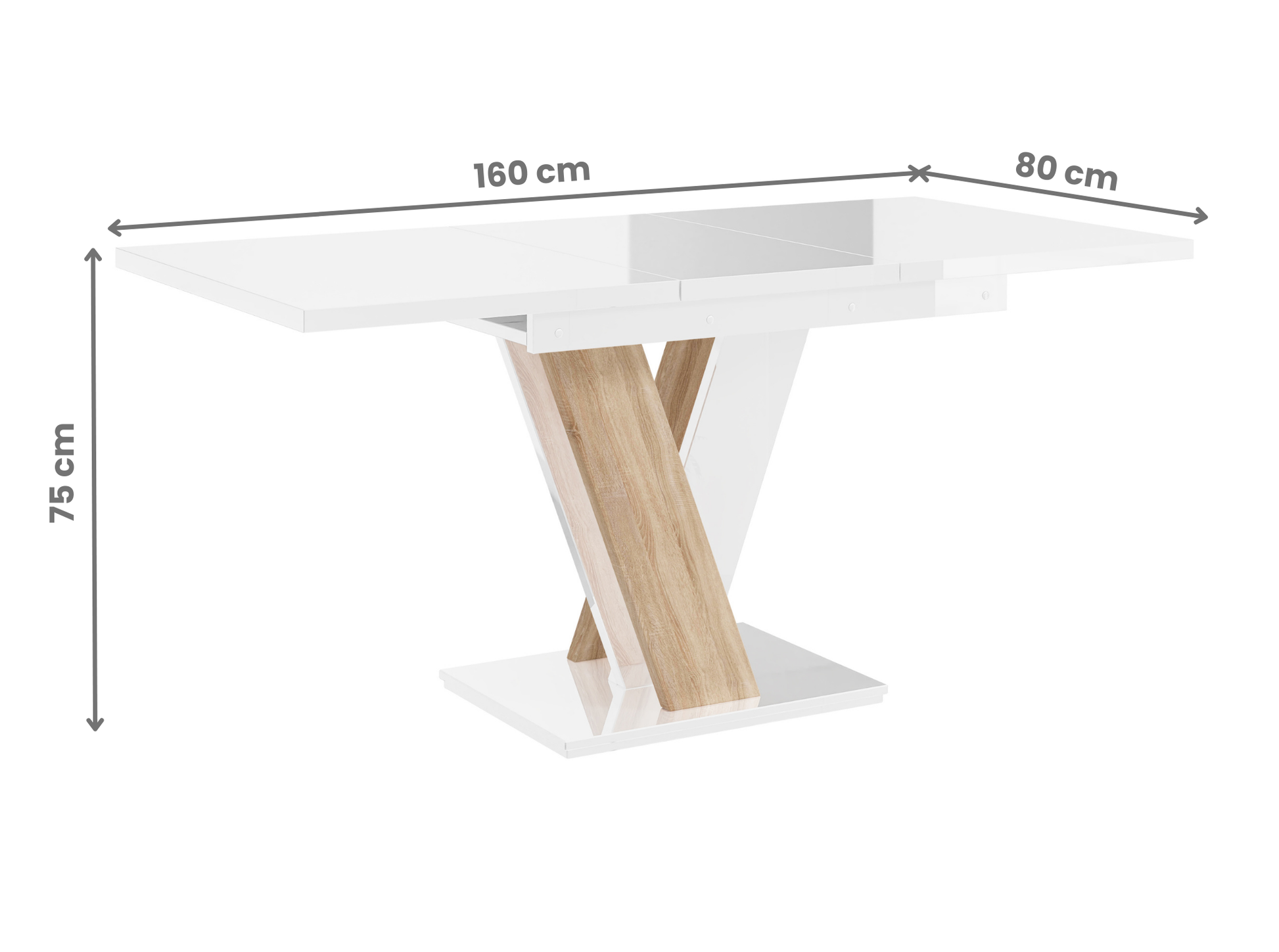 Contemporary MASIV white gloss dining table with oak detail and extendable top.