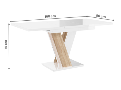 Contemporary MASIV white gloss dining table with oak detail and extendable top.