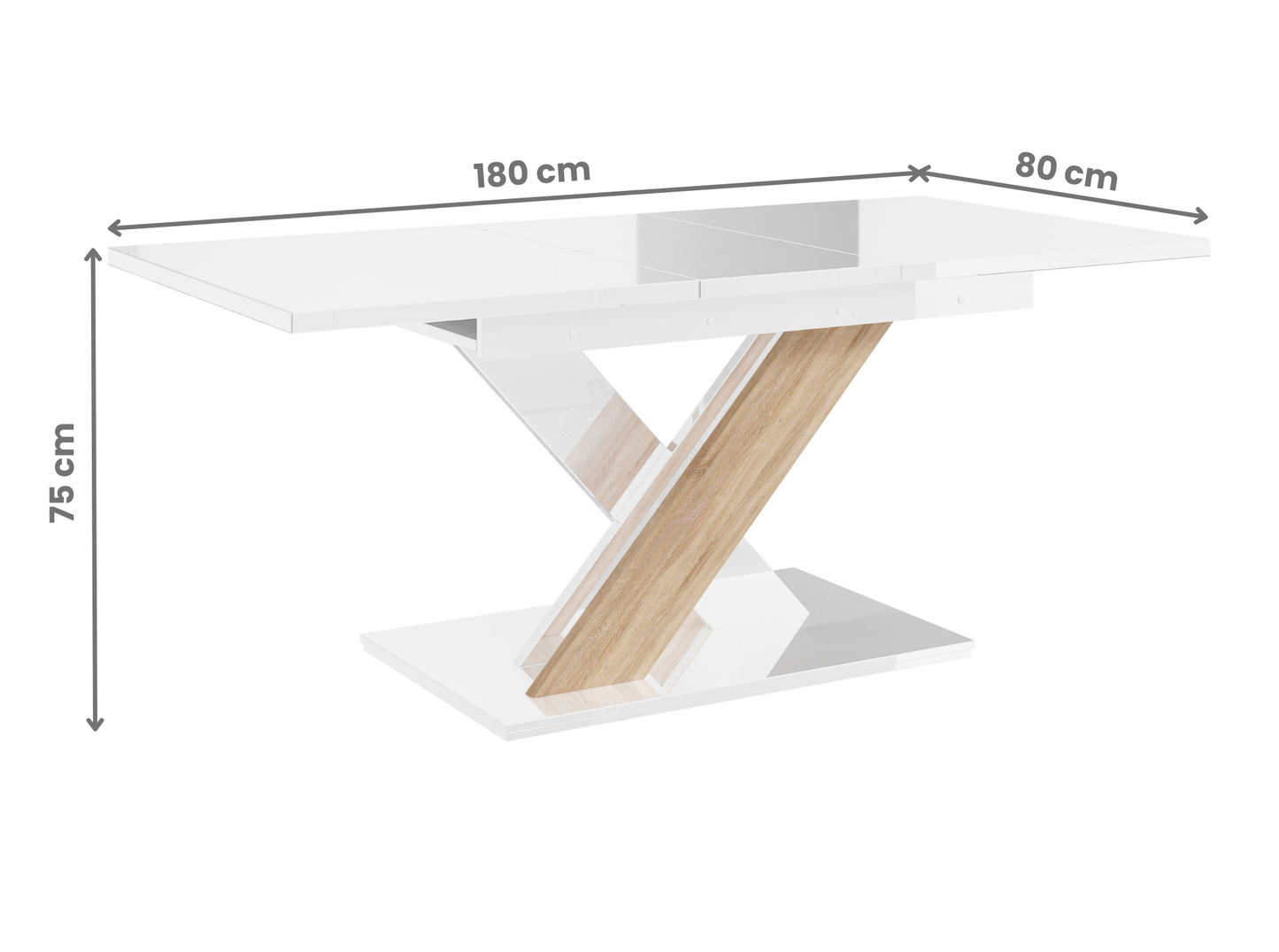 Stylish white and Sonoma oak gloss dining table with extendable top.