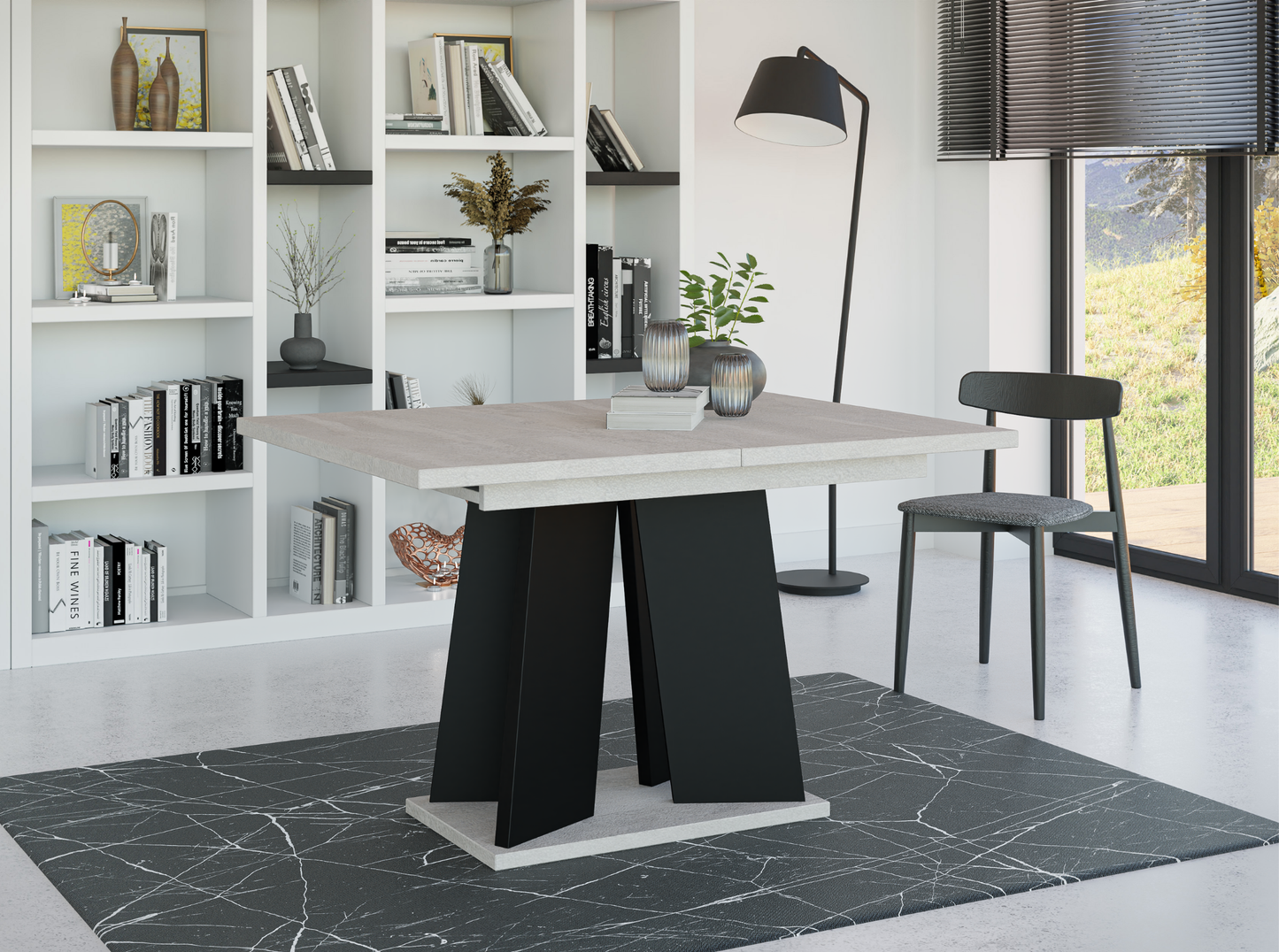 Modern extendable dining table 120 cm in concrete effect and black base – stylish and space-saving.