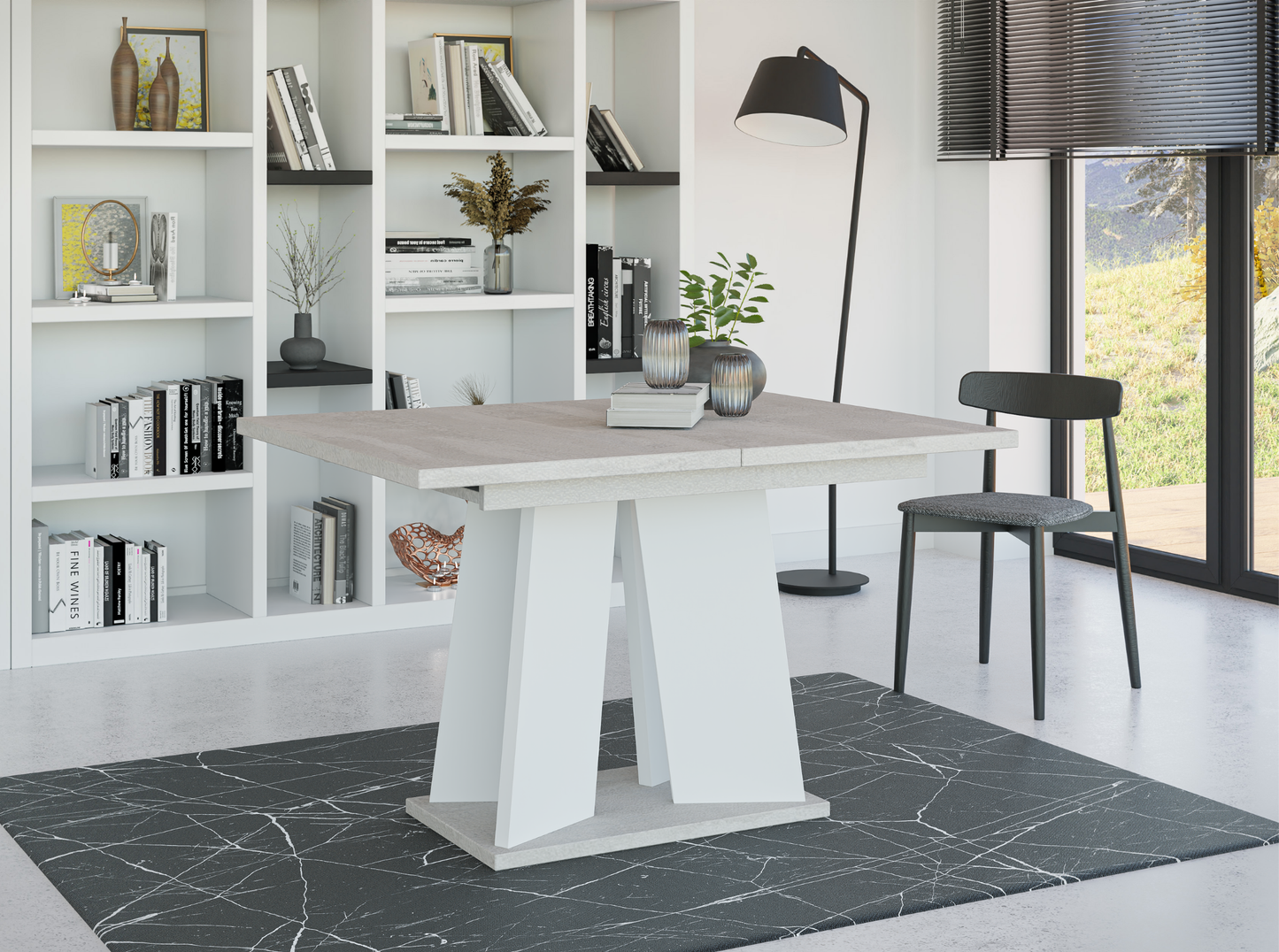 Modern extendable dining table 120 cm in concrete effect with white base – elegant and compact.