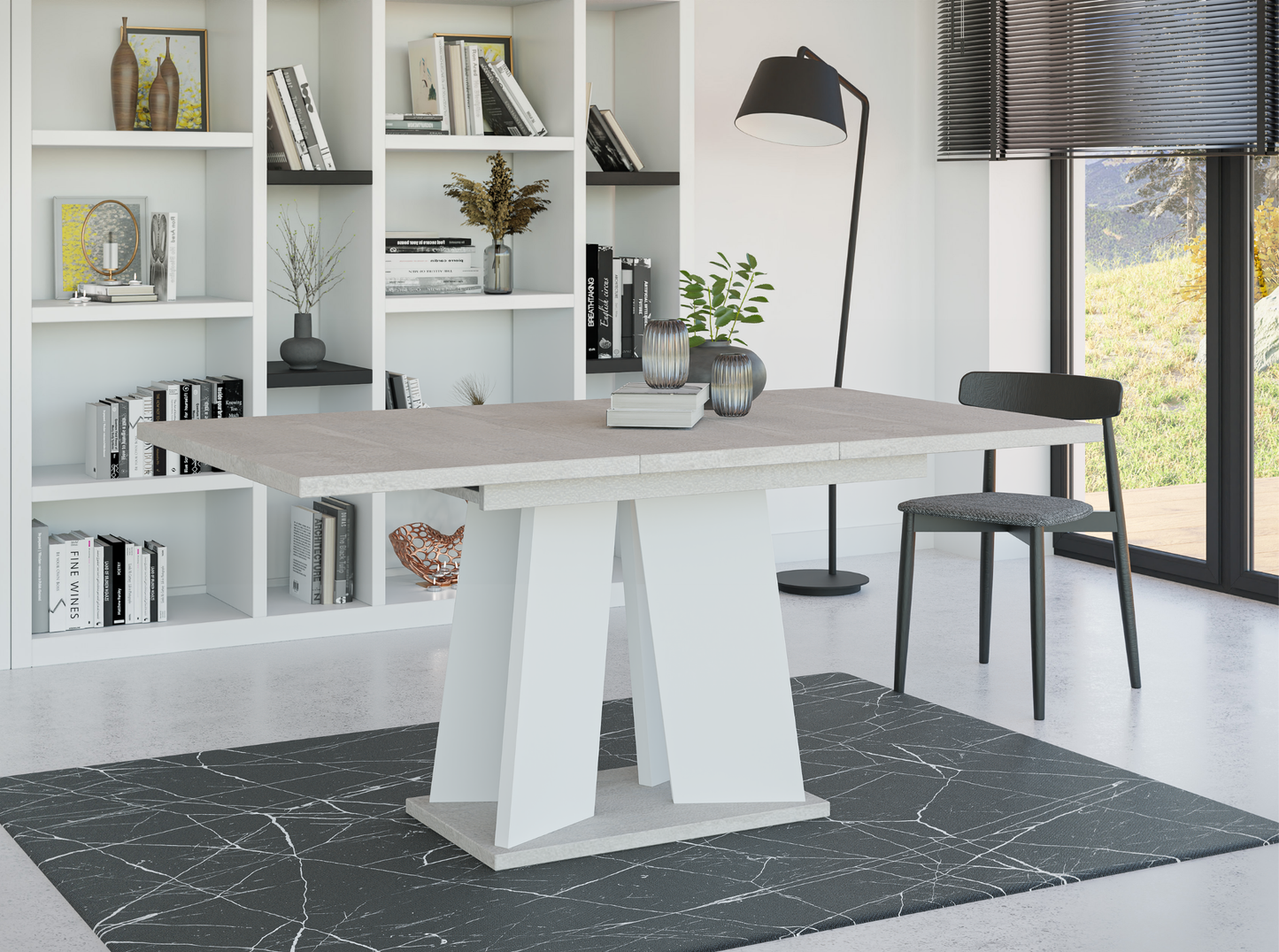 Contemporary 120–160 cm extendable dining table with grey concrete-look top and white pedestal legs.