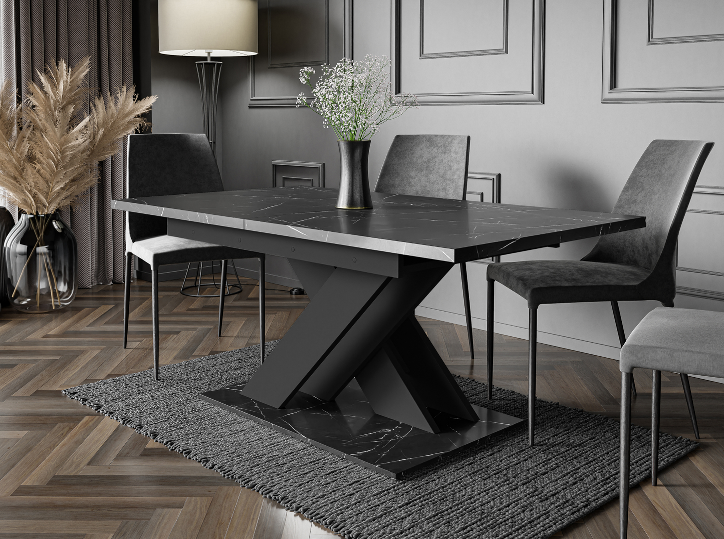 Extendable dinner table in Black Royal Marble for kitchen and dining room.