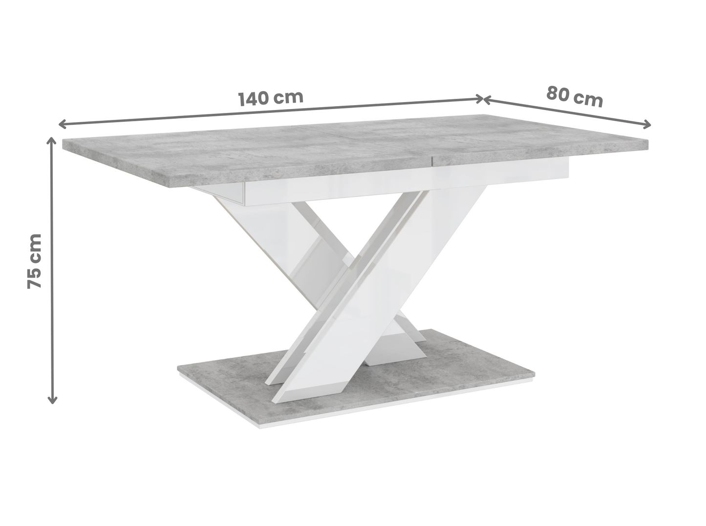 Extendable dinner table in concrete and white gloss for kitchen and dining room.